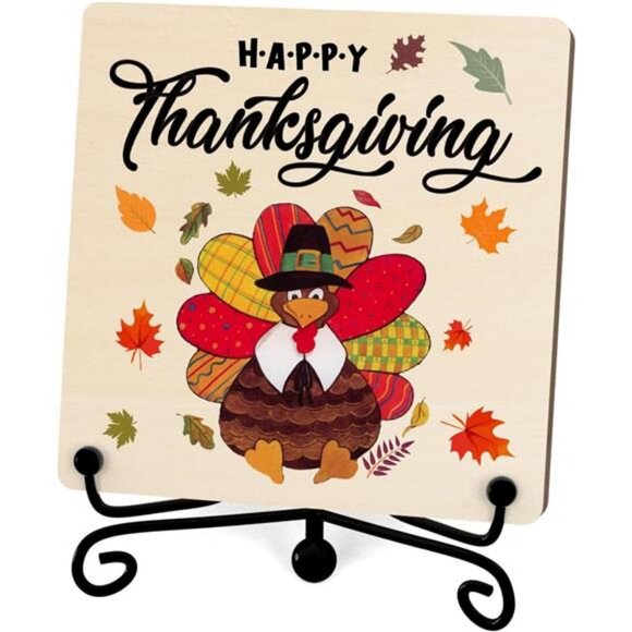 Farmhouse Fall Sign Desk Decor, Happy Thanksgiving Wooden Sign With Stand - Picture 1 of 5